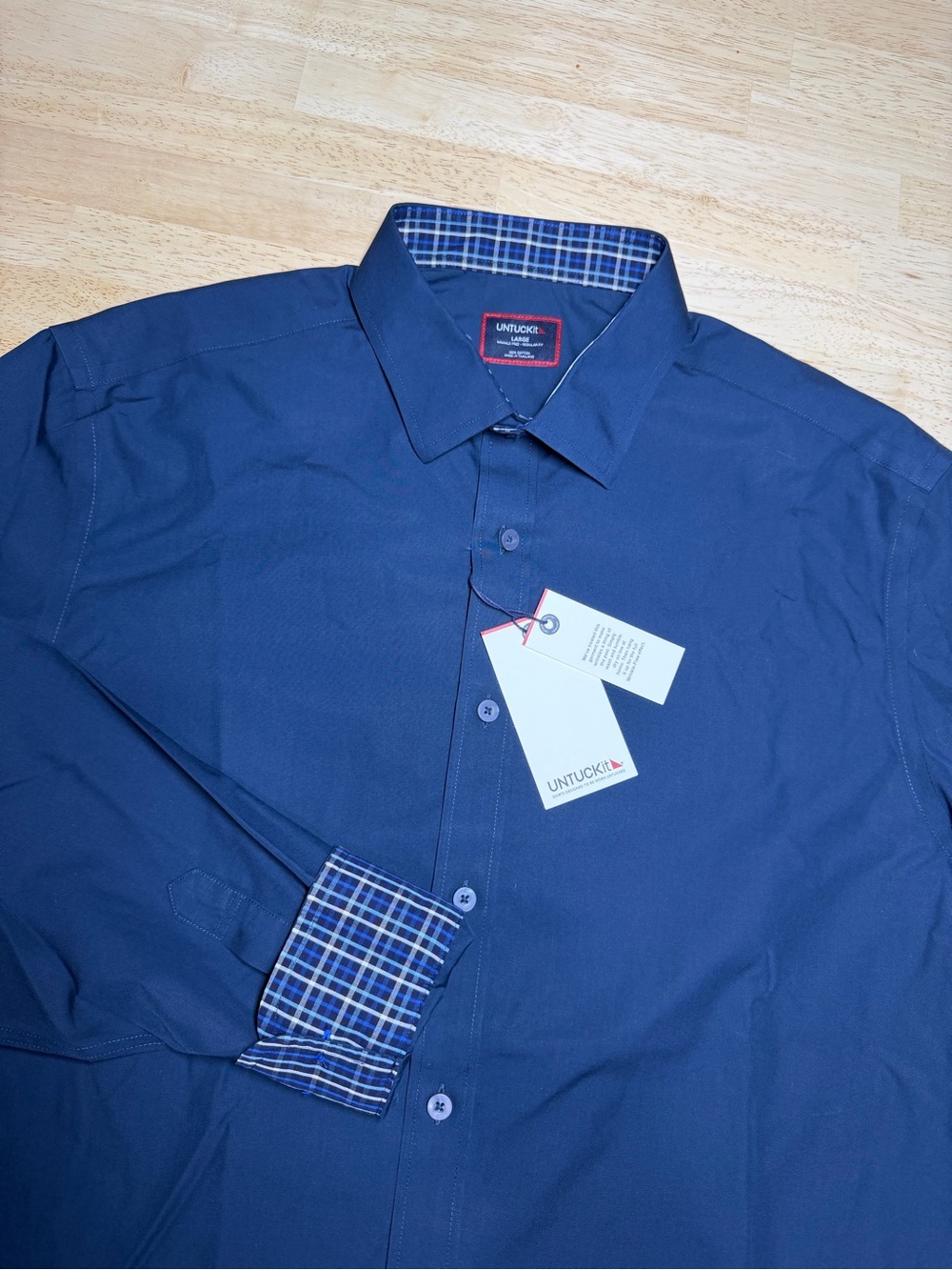 UNTUCKit NEW Navy Blue Button Down Shirt Plaid Flip Cuff Men’s Large Cotton